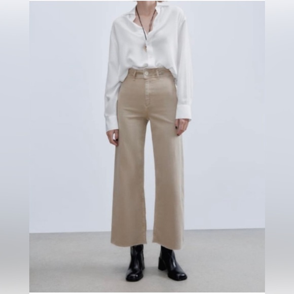 Zara Denim - Zara Jeans Women 8 40 Beige Marine Straight High Rise Wide Leg Denim Pants Flare